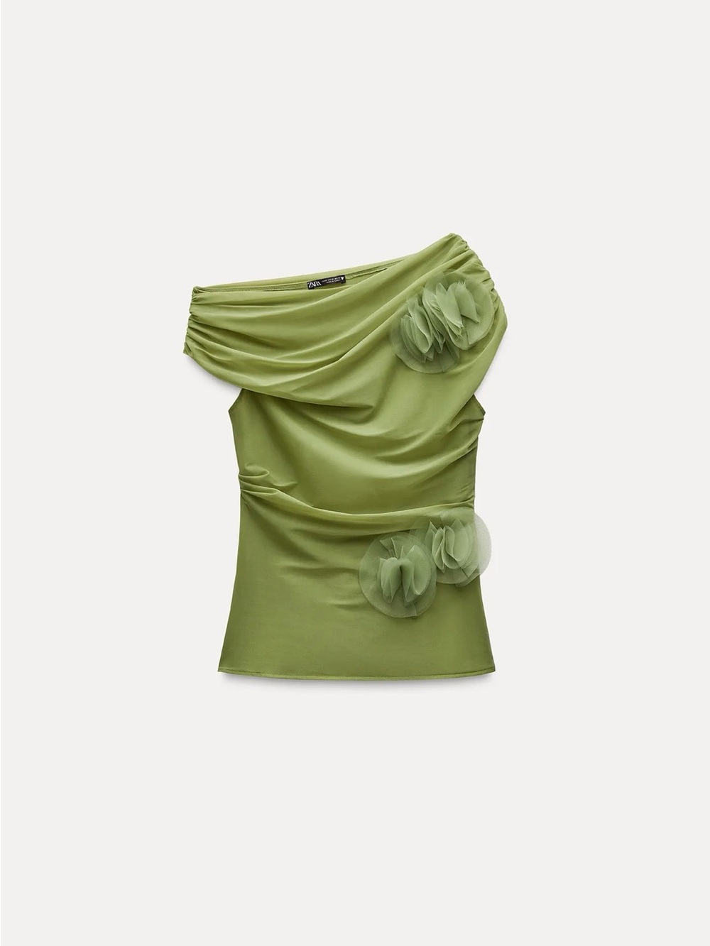 Zara green sheer mesh One-Shoulder Floral Applique Top